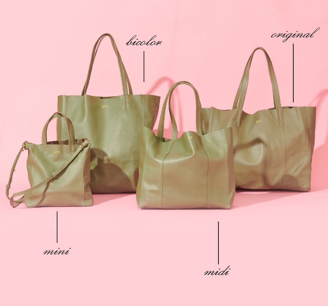 Família de bolsas clássicas ID Bags em couro verde sobre fundo rosa